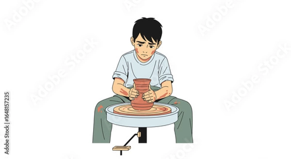 Fototapeta Vector Illustration of a Boy Making Pottery Art Handcrafted Clay Vase Minimalist Style Art Craft Education