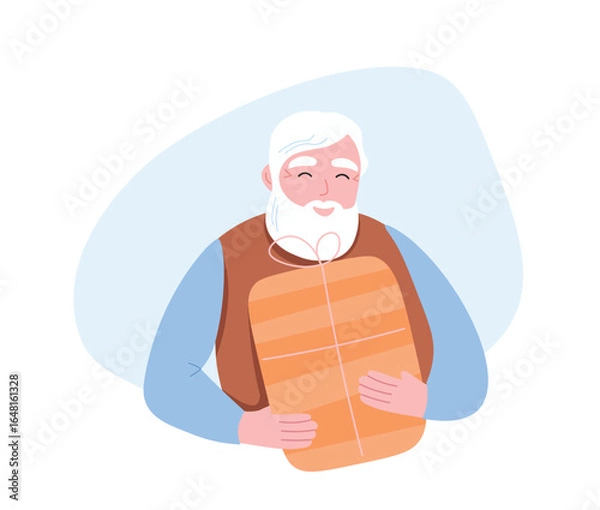 Fototapeta Grandfather holds a box with a bow in his hands. An elderly man with a gift. Vector flat graphics.