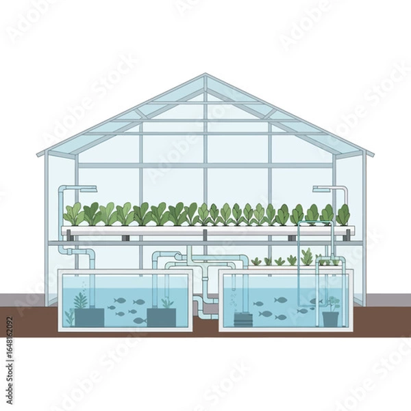 Fototapeta Diagram illustrating an aquaponics system within a greenhouse, showing fish tanks and hydroponic plant cultivation.