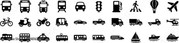 Fototapeta Transportation and vehicle icon set with vector glyph pictograms of travel, logistics, and public transit, featuring cars, trains, buses, bicycles, boats, and airplanes in black silhouette style