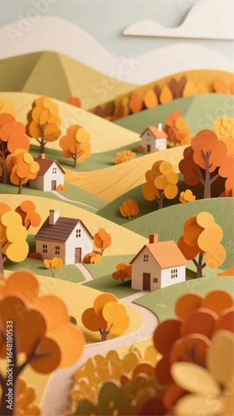 Fototapeta Paper art autumn countryside with small cottages, rolling hills, and orange-yellow trees, layered paper style, warm color palette, soft shadows