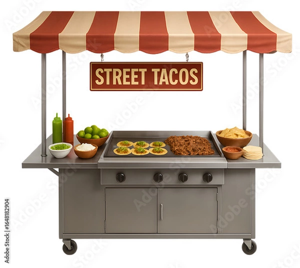 Fototapeta A food cart with a red and white striped canopy