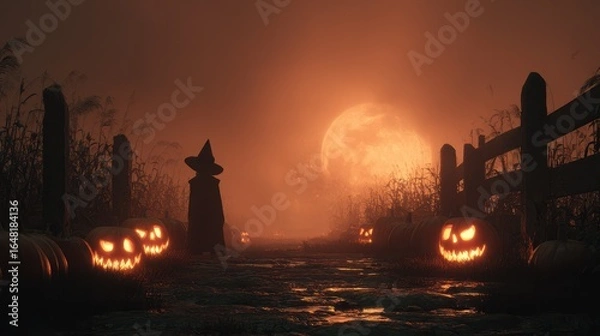 Fototapeta Eerie Halloween Scene: Silhouetted figure in witch attire amid glowing jack-o'-lanterns and misty, moonlit cornfield path.