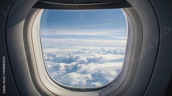 Fototapeta Captivating Aircraft Windows: Frames of Sky, Clouds, and Landscape Views from Commercial Jets, Featuring Oval Designs, Plexiglass Panes, and In-Flight Perspectives, Ideal for Travel Photography, Aviat