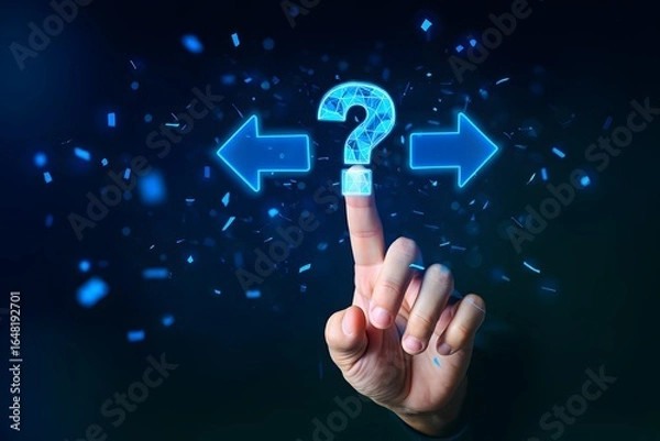 Fototapeta Man hand with Question mark and left and right arrows, Difficult decision and doubt concept. Right or left Decide Which Way To Go
