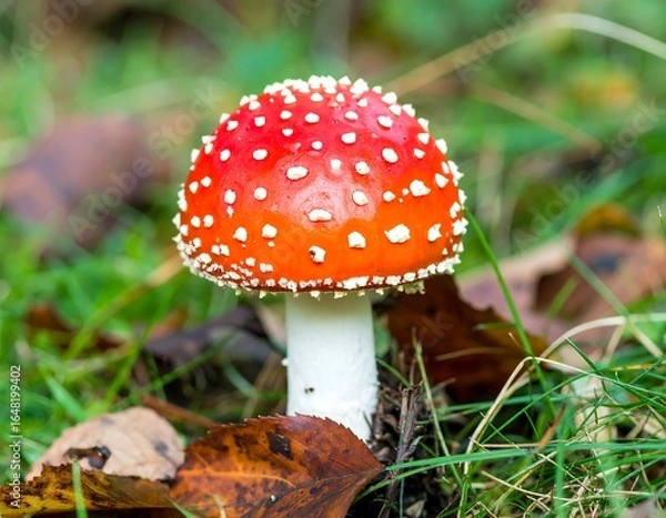 Fototapeta Close-up of a vibrant red toadstool in grass