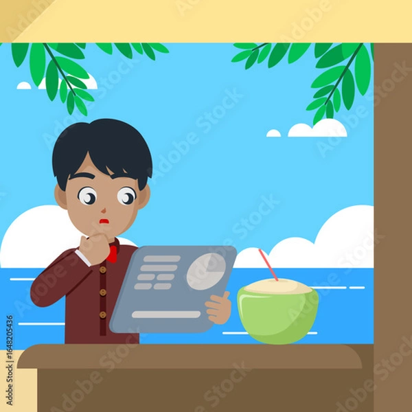 Fototapeta Javanese man in traditional attire reads sales data on tablet in bamboo beach hut, Lombok. Tropical vibes meet digital nomad lifestyle in clean flat vector.

Let me know if you'd like a shorter versio