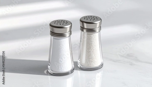 Obraz 上品なデザインの塩と胡椒のシェイカーをマットなテーブル上で撮影。
柔らかい影が落ち着いた雰囲気を演出します。