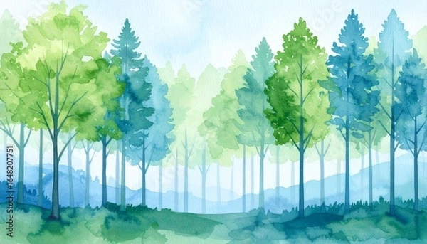 Fototapeta 霧に包まれた朝の森を、水彩画で柔らかく表現した作品です。
緑と青の色合いが自然に混ざり合い、静かな朝の雰囲気を演出します。