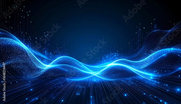 Fototapeta A digital landscape of glowing blue waves and particles on a dark background.