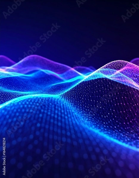 Fototapeta dark blue abstract background featuring a digital landscape of glowing blue and purple waves formed by interconnected points, suggesting a futuristic or technological theme.