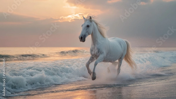 Obraz 朝日が登る波打ち際を疾走する美しい白馬をリアルに描いたAI生成画像