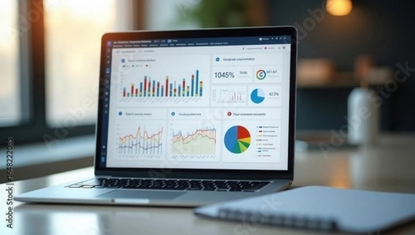 Fototapeta Professional social media marketing dashboard on laptop showing Google ads metrics, AI analytics, colorful charts in modern office setup with clean minimalist design