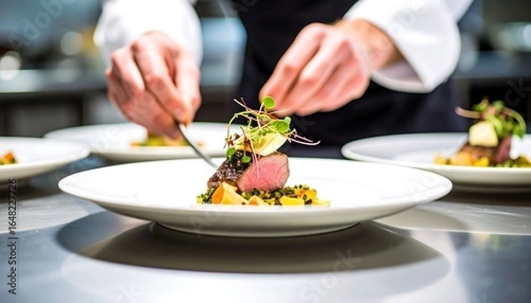 Obraz Chef plating a gourmet dish in a professional kitchen