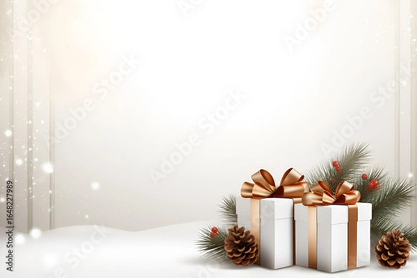 Obraz christmas background with gift box and christmas tree, Christmas gift box with pine branch and ornaments on white background
