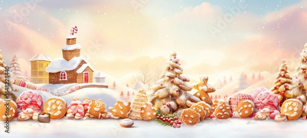 Fototapeta christmas tree in the city, Christmas house in the forest with candies and winter holiday ornaments santa gingerbread house on the snow generated ai

