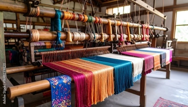 Obraz Antique loom with vibrant textiles