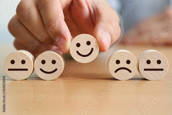 Fototapeta customer services best excellent business rating experience, Positive Review and Feedback, Satisfaction survey concept. Hand of a businessman chooses a smile face on wood block.
