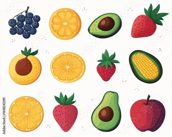 Fototapeta Colorful variety of fresh fruits including blueberries, orange slices, avocados, strawberries, peach, corn, and an apple arranged on a white background with bright and vibrant colors