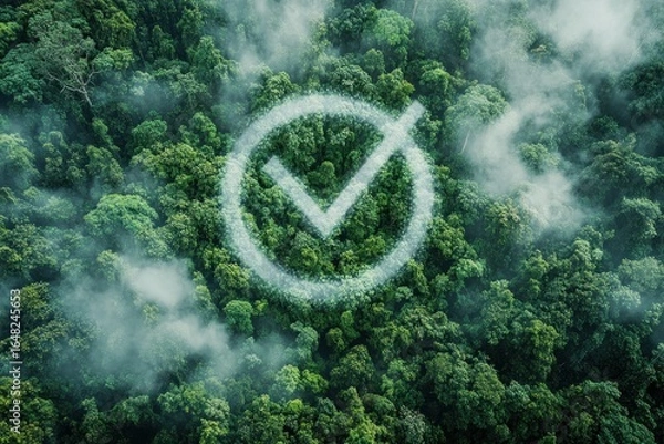Fototapeta Aerial view of dense green forest with mist and a large checkmark shape formed by clouds above the treetops, symbolizing approval or environmental success