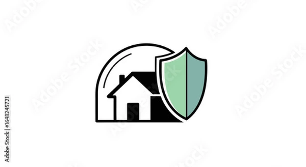 Obraz A minimalist vector symbol representing a safe shelter or protection. This geometric design of a house with a shield is a clear visual for public safety messages and hurricane preparedness.