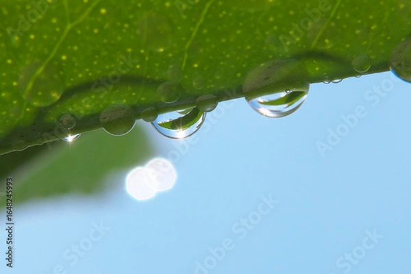 Obraz 葉っぱの下側に垂れ下がった雨滴をマクロ撮影
