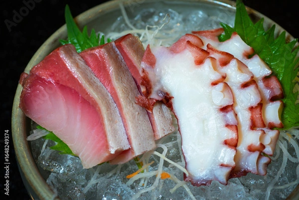 Obraz hamachi and tako sashimi together, hamachi sashimi with tako sashimi, hamachi sashimi and tako sashimi plate