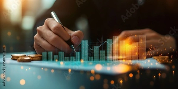 Fototapeta Close-up of hand holding pen over digital financial charts with glowing data bars and coins on table symbolizing investment analysis and monetary growth