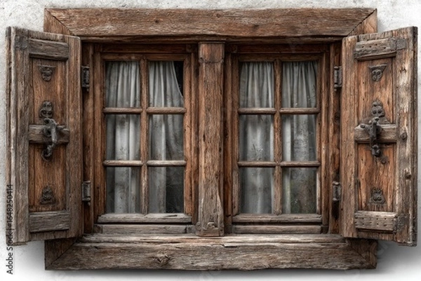 Fototapeta Rustic double-paned window with open shutters