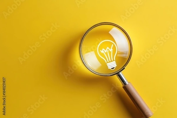 Fototapeta Magnifying glass with wooden handle focusing on a glowing light bulb icon on a bright yellow background symbolizing innovative ideas and creativity