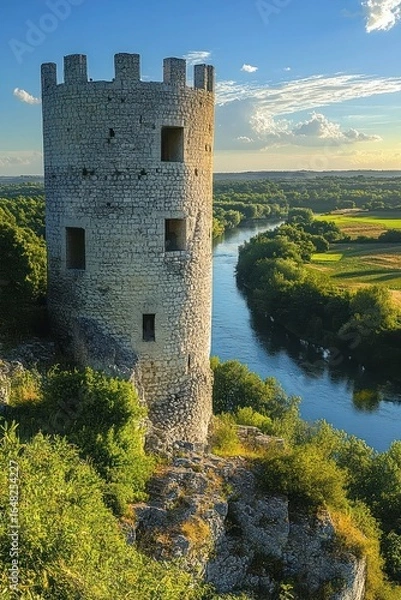 Fototapeta Ancient stone tower standing on rocky cliff overlooking a winding river surrounded by lush greenery and farmland under a bright blue sky with scattered clouds in late afternoon light