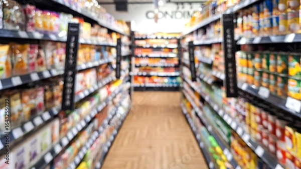Fototapeta Defocused photo of A supermarket store aisle with a variety of products on the shelves. abstract blur of convenience store aisle, fast moving consumer goods industry urban lifestyle concept.
