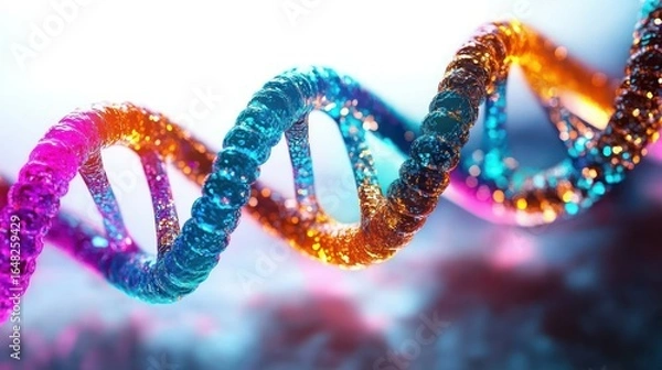 Fototapeta Close-up visualization of a colorful DNA double helix structure with glowing blue, orange, and pink elements representing genetic material biotechnology