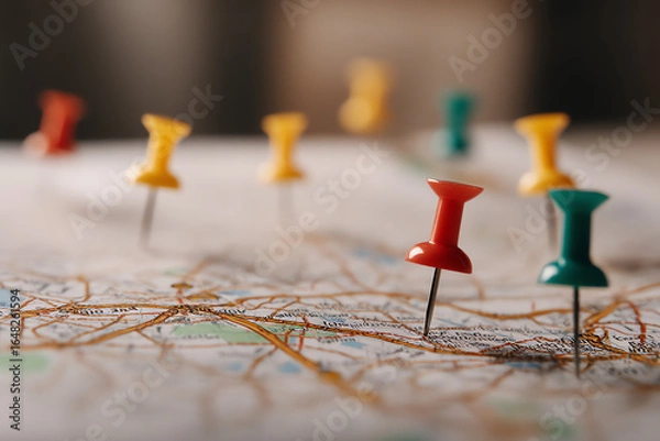 Obraz Close-up of colorful push pins marking locations on a map.