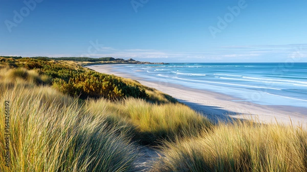 Obraz 草むらと砂丘に囲まれた海岸線の風景