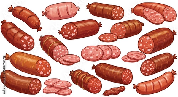 Fototapeta An assortment of whole and sliced sausages, varying in size and color