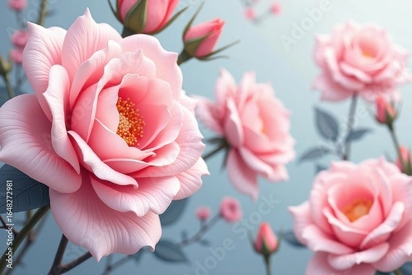 Fototapeta Soft Pink Roses Blossoming on a Delicate Blue Background