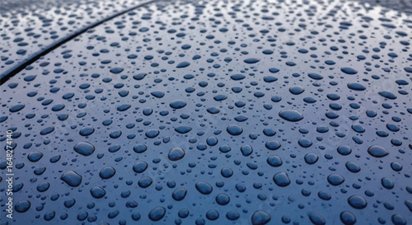 Fototapeta Close-up of water droplets on a smooth, dark blue surface, creating a textured pattern