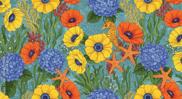 Fototapeta Colorful floral pattern with sea creatures