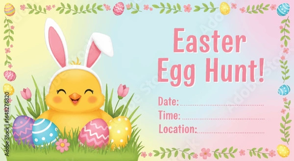 Fototapeta Cute chick with Easter bunny ears and eggs for an egg hunt