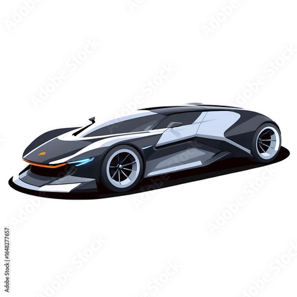 Fototapeta A sleek, futuristic concept sports car with a black, white, and grey paint scheme and glowing blue headlights.