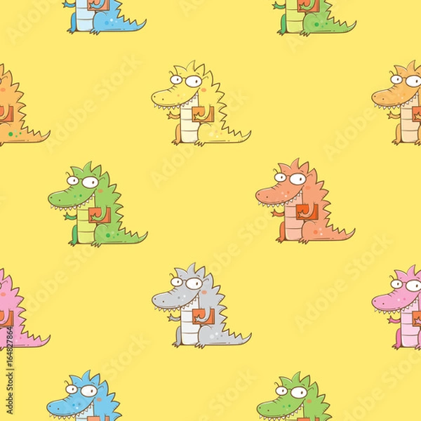 Fototapeta Seamless pattern  with cute cartoon dragon in glasses on yellow  background. Smart reptile with book. Funny animal. Vector contour image. Children's illustration.