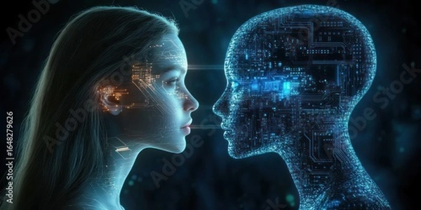 Fototapeta A human woman and a digital humanoid figure face each other with glowing circuitry patterns illustrating the connection between human and artificial intelligence
