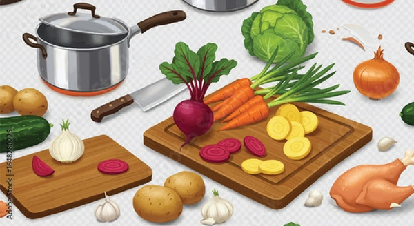 Fototapeta Flatlay of raw ingredients & cookware