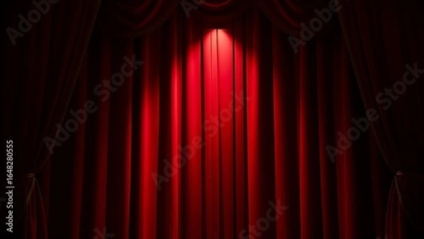 Fototapeta Dramatic red velvet theater curtains with golden details, illuminated by a spotlight.