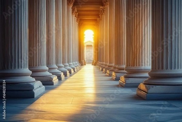 Obraz View of a grand marble colonnade with tall fluted columns on both sides and sunlight streaming through an open archway creating long shadows and warm light