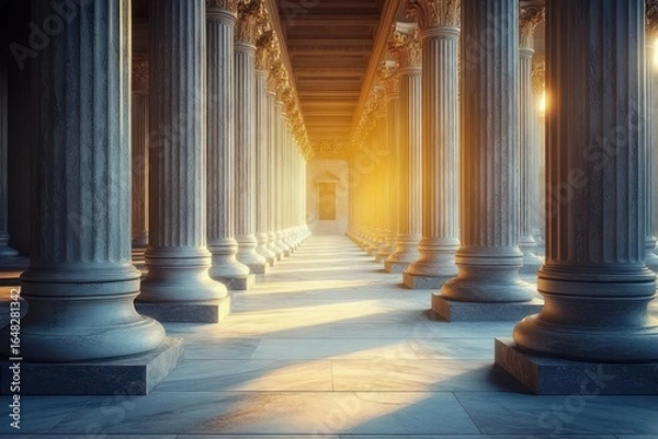 Obraz Sunlight streaming through a grand corridor lined with classical stone columns creating long shadows and illuminating the intricate ceiling details