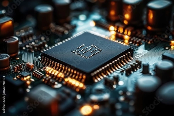 Obraz Close-up of a circuit board with a central microchip surrounded by various electronic components glowing with warm orange lights