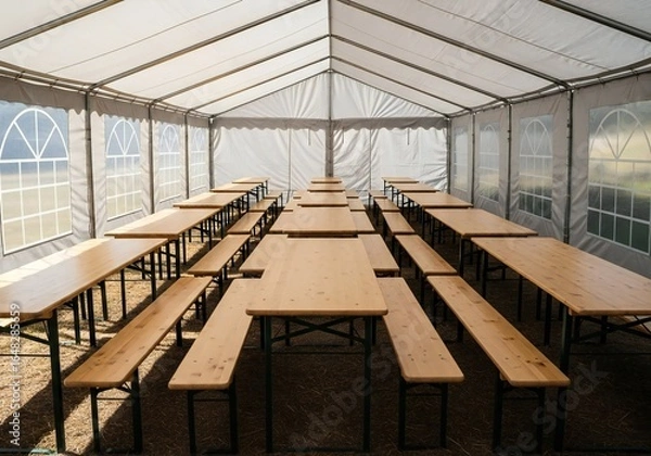 Fototapeta Oktoberfest Rows of wooden picnic tables and benches set up inside a white event tent with arched windows