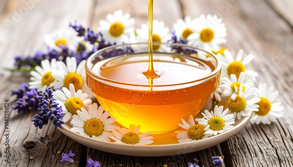 Fototapeta Honey pouring into a bowl, surrounded by chamomile and lavende
